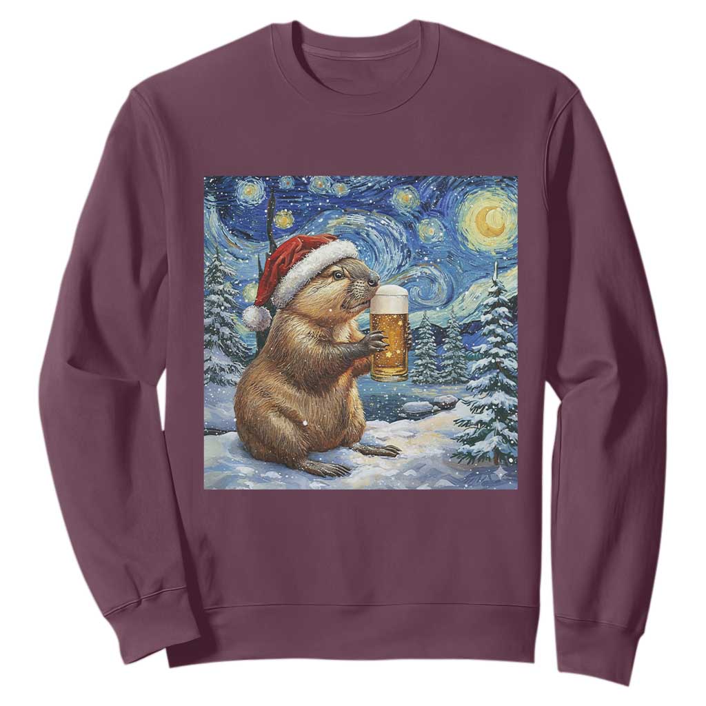 Otter Beer Christmas Sweatshirt Starry Night Van Gogh TS14 Maroon Print Your Wear
