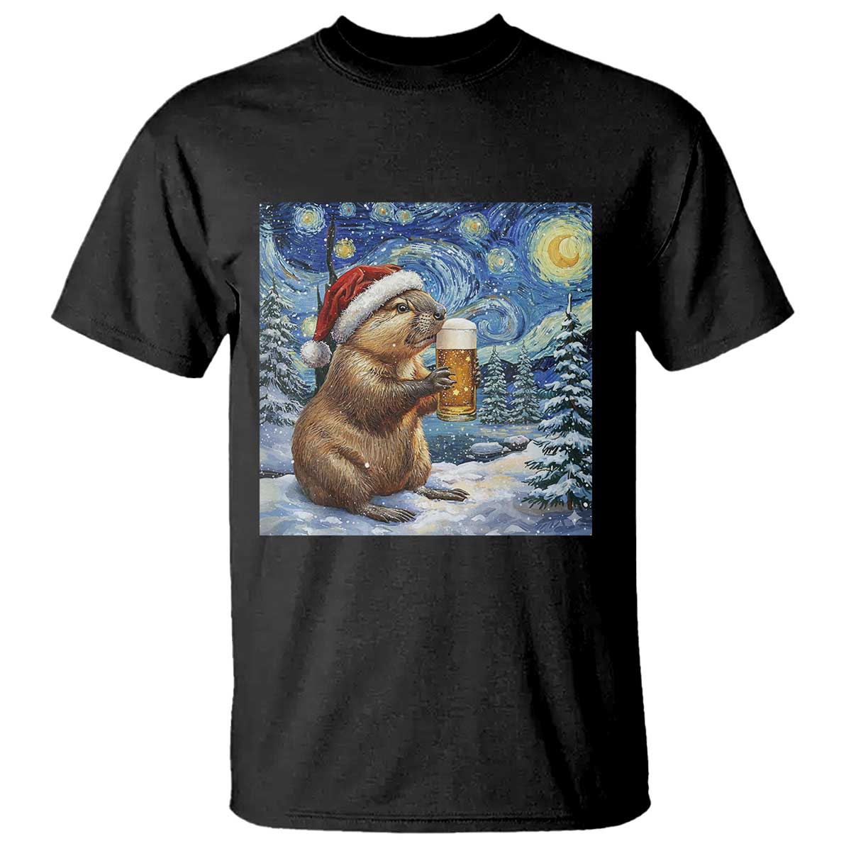 Otter Beer Christmas T Shirt Starry Night Van Gogh TS14 Black Print Your Wear