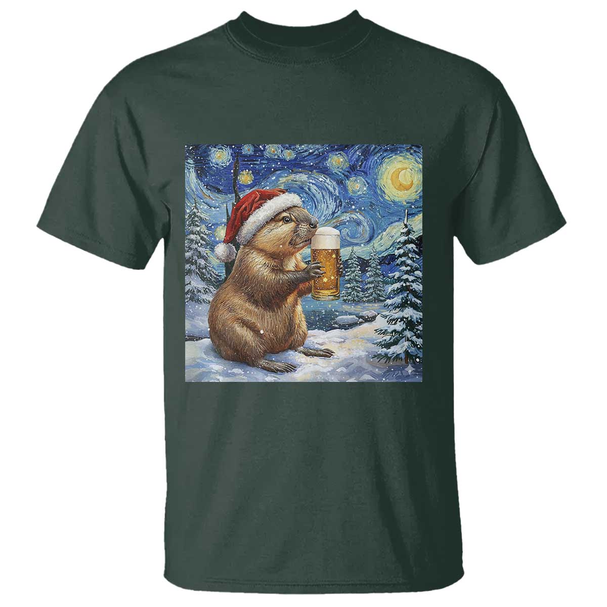 Otter Beer Christmas T Shirt Starry Night Van Gogh TS14 Dark Forest Green Print Your Wear