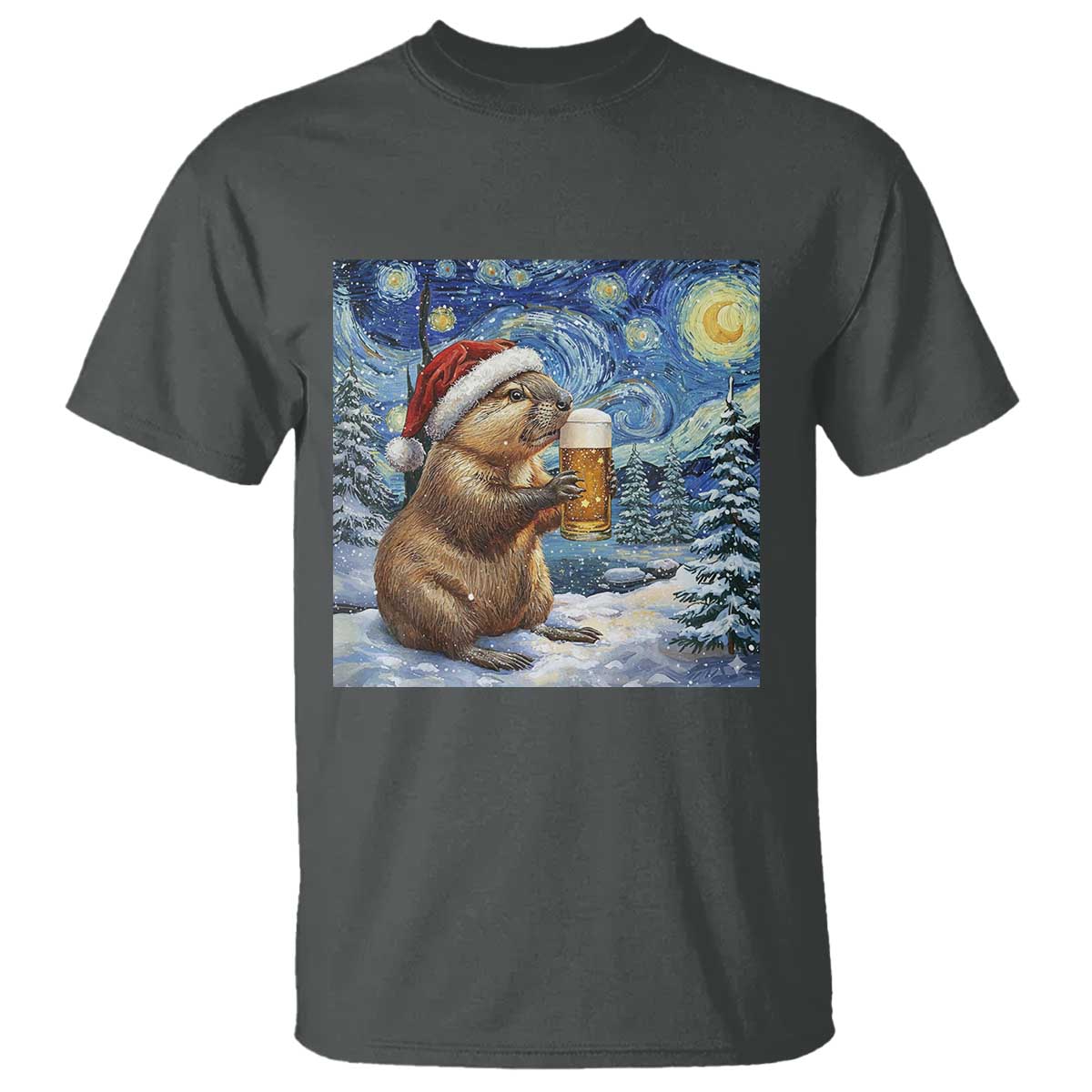 Otter Beer Christmas T Shirt Starry Night Van Gogh TS14 Dark Heather Print Your Wear