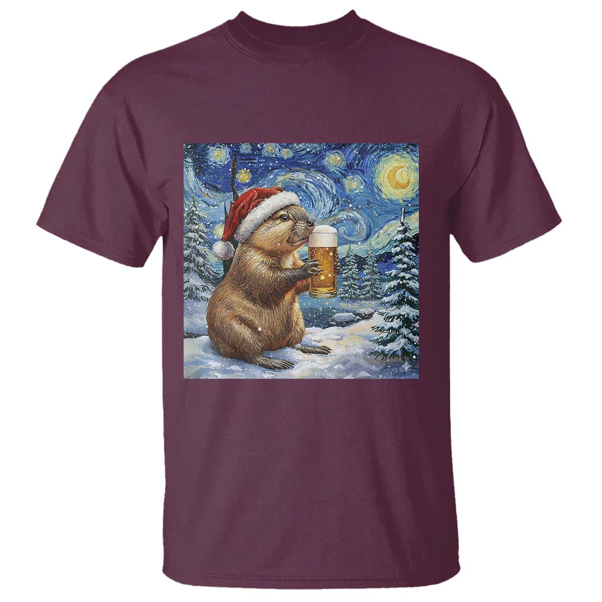 Otter Beer Christmas T Shirt Starry Night Van Gogh TS14 Maroon Print Your Wear