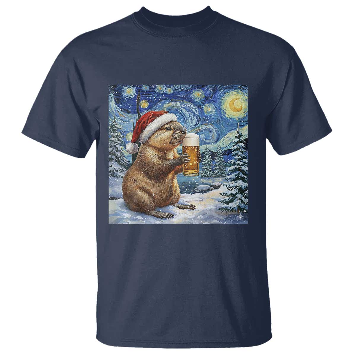 Otter Beer Christmas T Shirt Starry Night Van Gogh TS14 Navy Print Your Wear