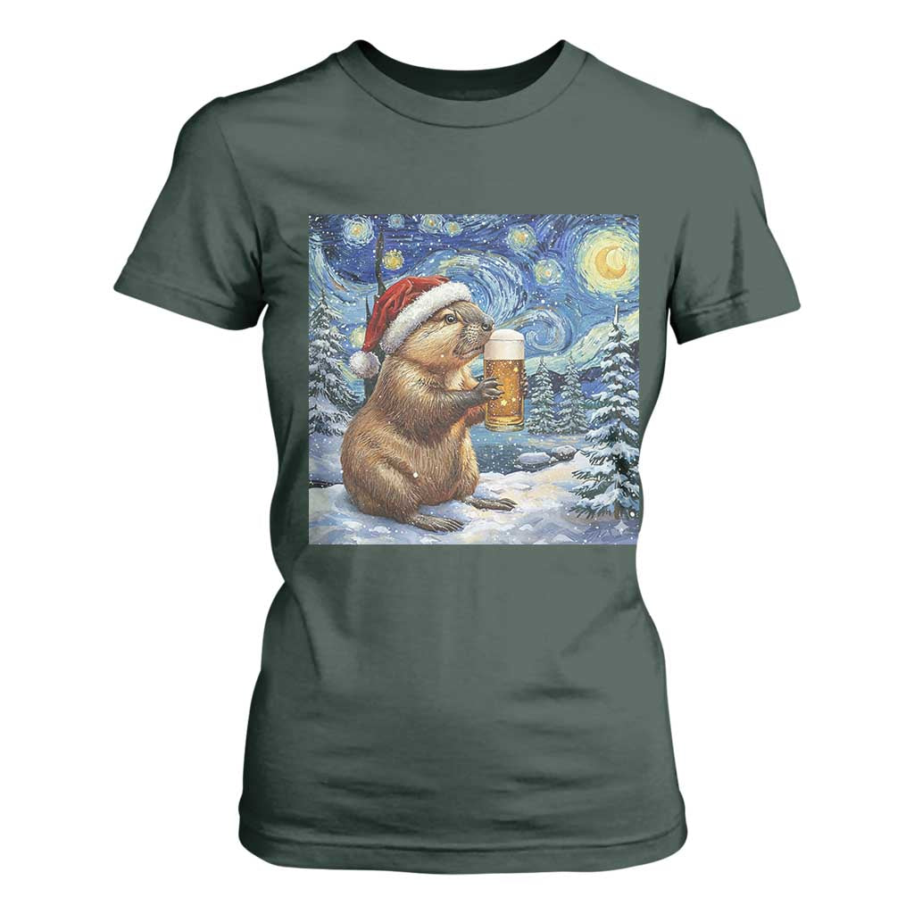 Otter Beer Christmas T Shirt For Women Starry Night Van Gogh TS14 Dark Forest Green Print Your Wear