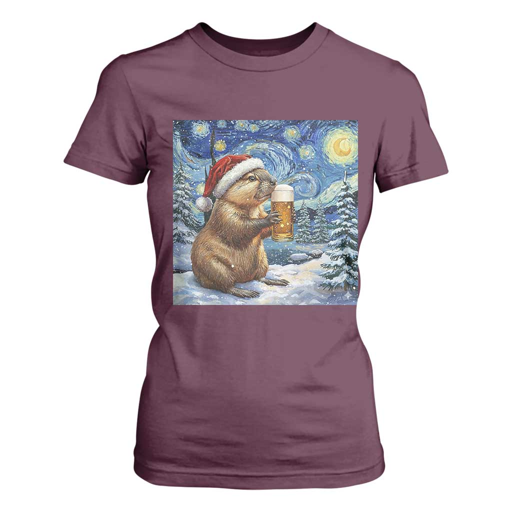 Otter Beer Christmas T Shirt For Women Starry Night Van Gogh TS14 Maroon Print Your Wear