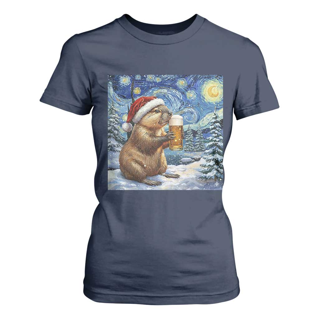 Otter Beer Christmas T Shirt For Women Starry Night Van Gogh TS14 Navy Print Your Wear