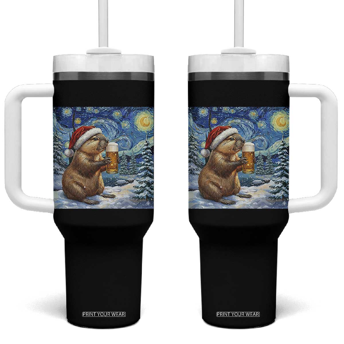 Otter Beer Christmas Tumbler With Handle Starry Night Van Gogh TS14 One Size: 40 oz Black Print Your Wear