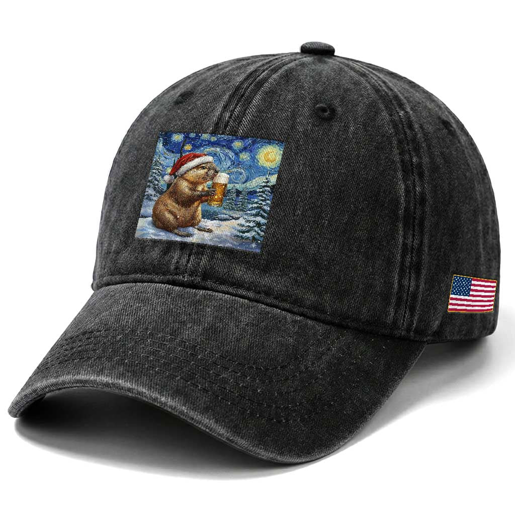 Otter Beer Christmas Washed Cotton Baseball Cap Starry Night Van Gogh TS14 Print Your Wear