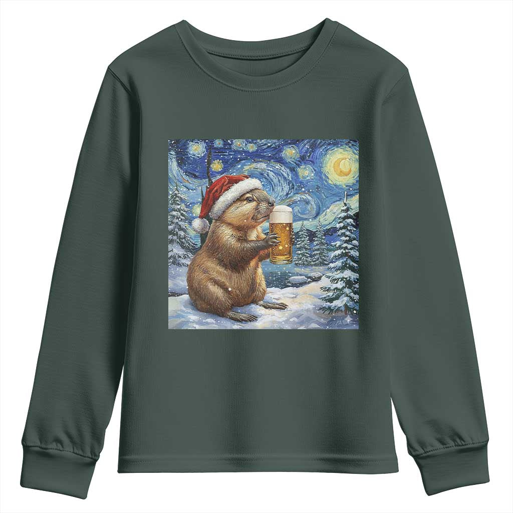 Otter Beer Christmas Youth Sweatshirt Starry Night Van Gogh TS14 Dark Forest Green Print Your Wear