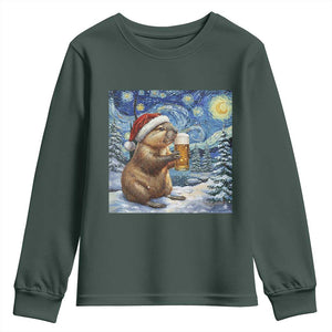 Otter Beer Christmas Youth Sweatshirt Starry Night Van Gogh TS14 Dark Forest Green Print Your Wear