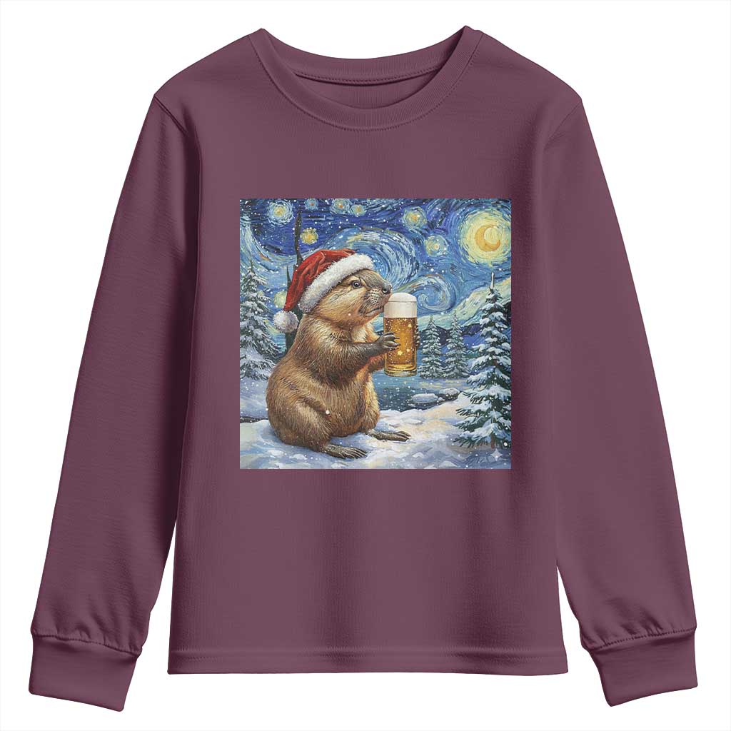 Otter Beer Christmas Youth Sweatshirt Starry Night Van Gogh TS14 Maroon Print Your Wear