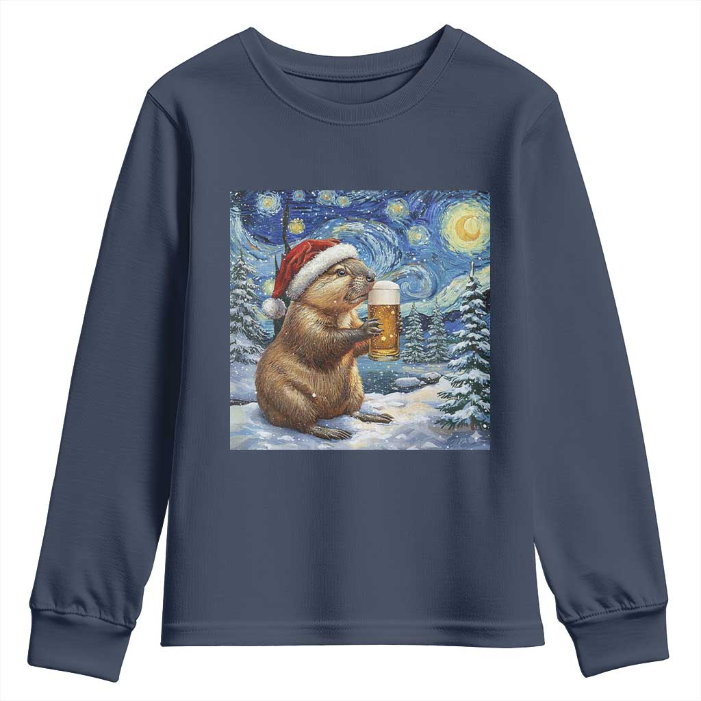 Otter Beer Christmas Youth Sweatshirt Starry Night Van Gogh TS14 Navy Print Your Wear