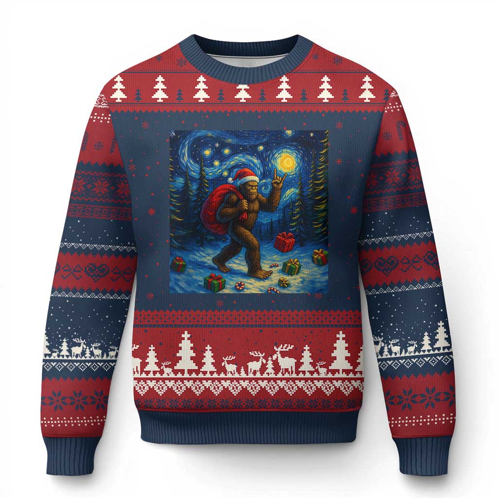 Bigfoot Xmas Ugly Christmas Sweater Starry Night Van Gogh TS14 Navy Red Print Your Wear