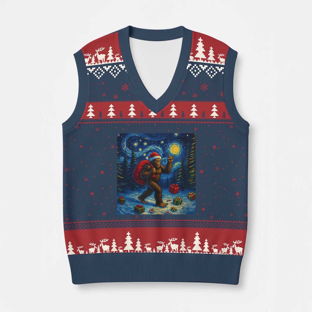 Bigfoot Xmas V-Neck Knit Sweater Vest Starry Night Van Gogh TS14 Navy Red Print Your Wear