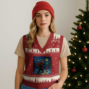 Bigfoot Xmas V-Neck Knit Sweater Vest Starry Night Van Gogh TS14 Red Beige Print Your Wear
