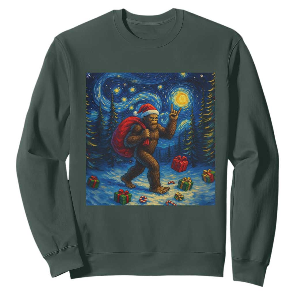 Bigfoot Christmas Sweatshirt Starry Night Van Gogh TS14 Dark Forest Green Print Your Wear
