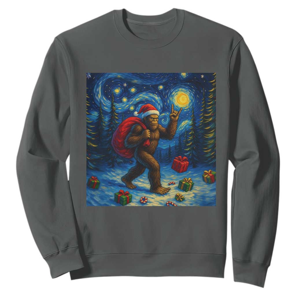 Bigfoot Christmas Sweatshirt Starry Night Van Gogh TS14 Dark Heather Print Your Wear