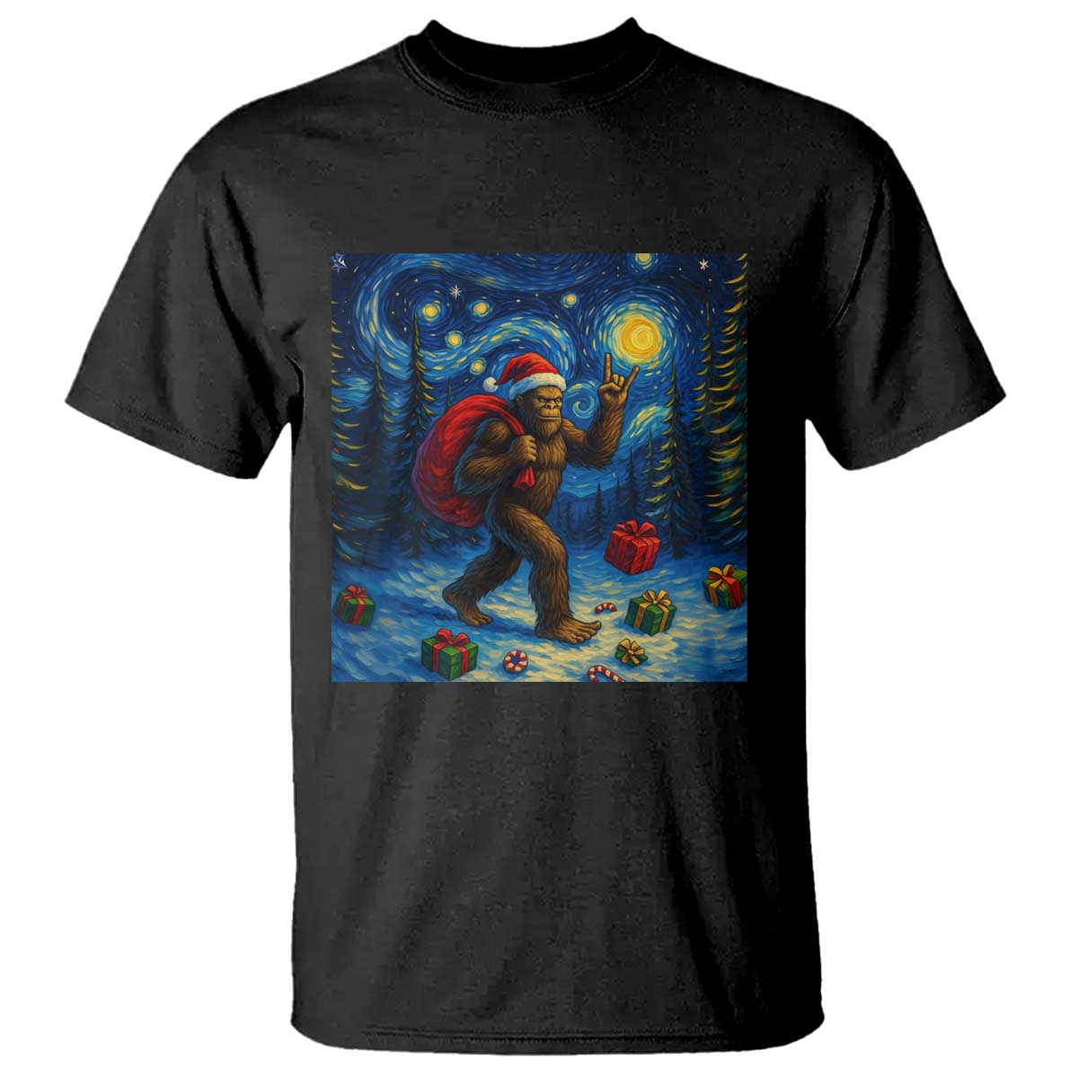 Bigfoot Christmas T Shirt Starry Night Van Gogh TS14 Black Print Your Wear