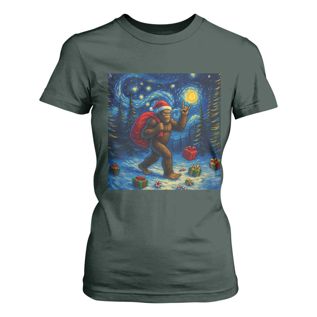 Bigfoot Christmas T Shirt For Women Starry Night Van Gogh TS14 Dark Forest Green Print Your Wear