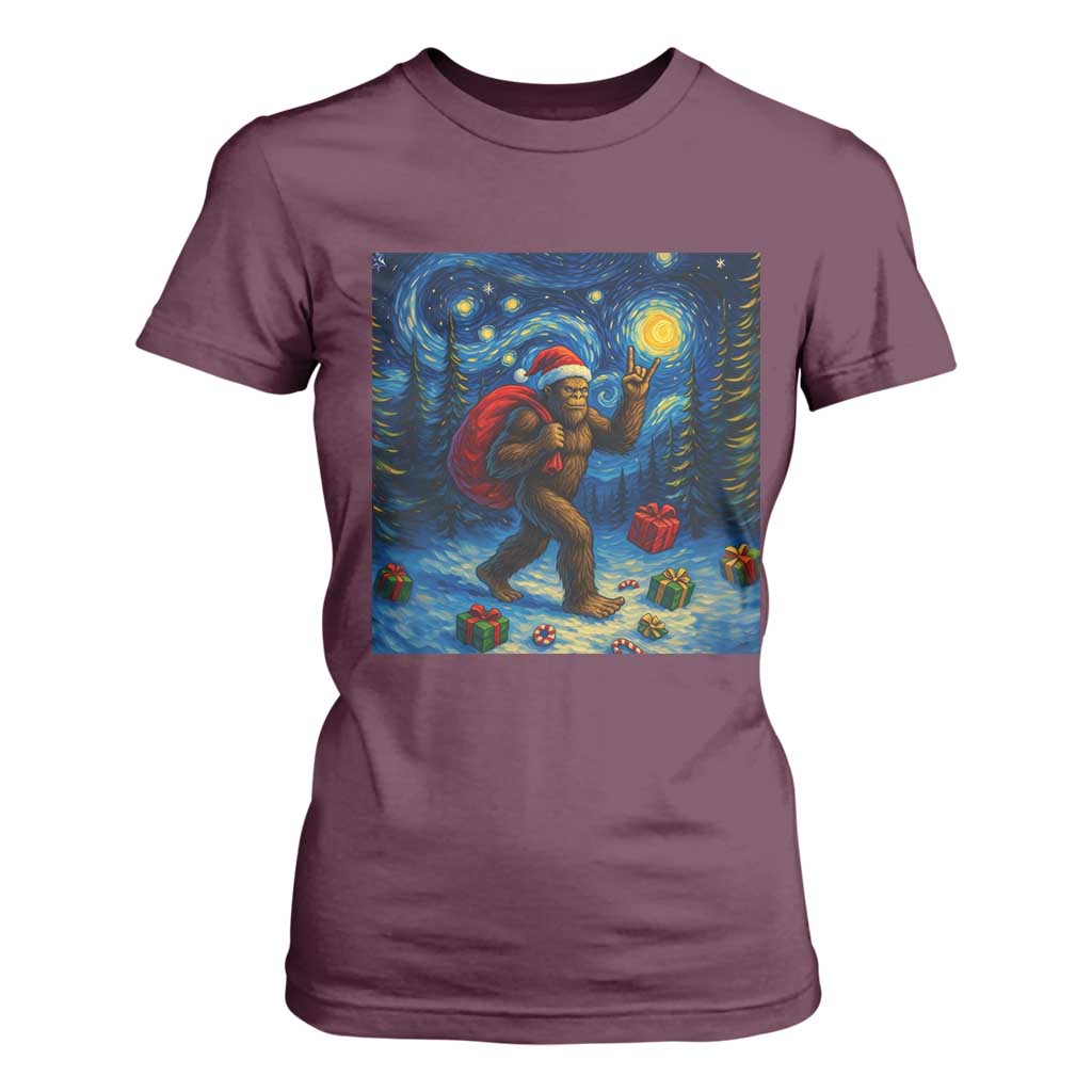 Bigfoot Christmas T Shirt For Women Starry Night Van Gogh TS14 Maroon Print Your Wear
