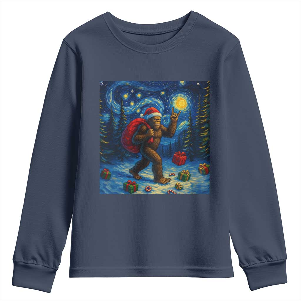 Bigfoot Christmas Youth Sweatshirt Starry Night Van Gogh TS14 Navy Print Your Wear