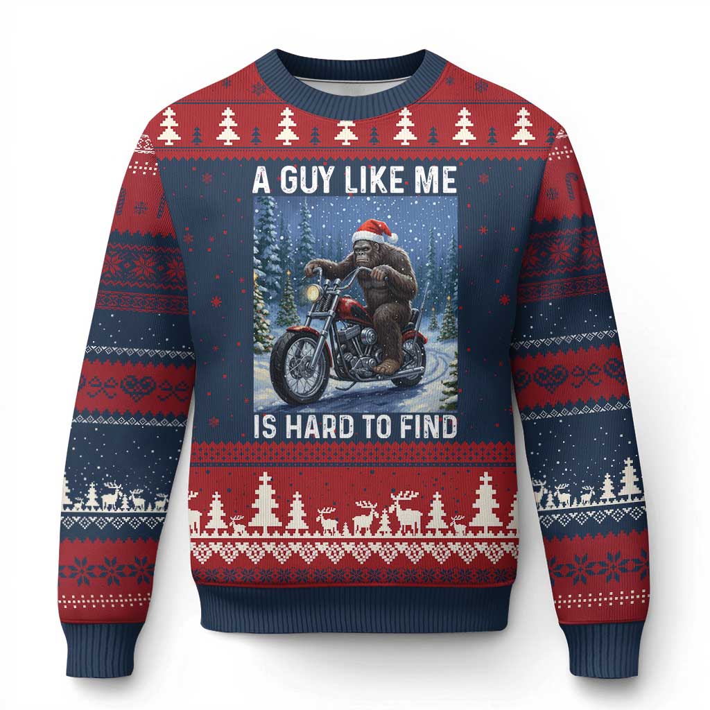 Funny Bigfoot Motorcycle Xmas Ugly Christmas Sweater A Guy Like Me Is Hard To Forest Find TS14 Navy Red Print Your Wear