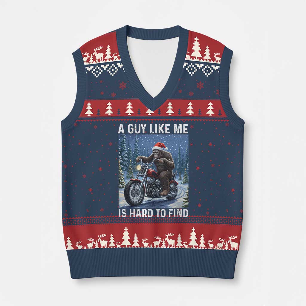 Funny Bigfoot Motorcycle Xmas V-Neck Knit Sweater Vest A Guy Like Me Is Hard To Forest Find TS14 Navy Red Print Your Wear