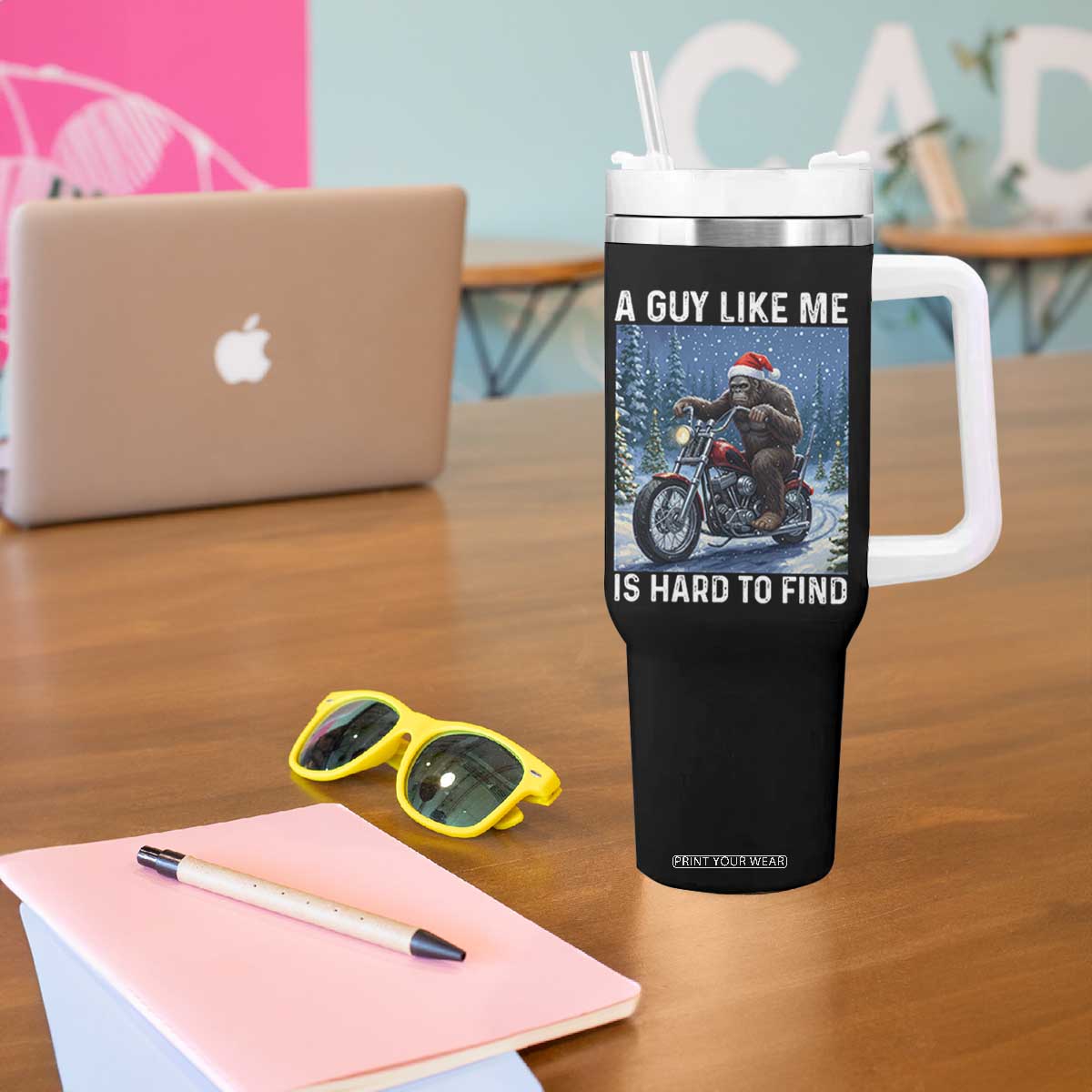 Funny Bigfoot Motorcycle Christmas Tumbler With Handle A Guy Like Me Is Hard To Forest Find TS14 Print Your Wear