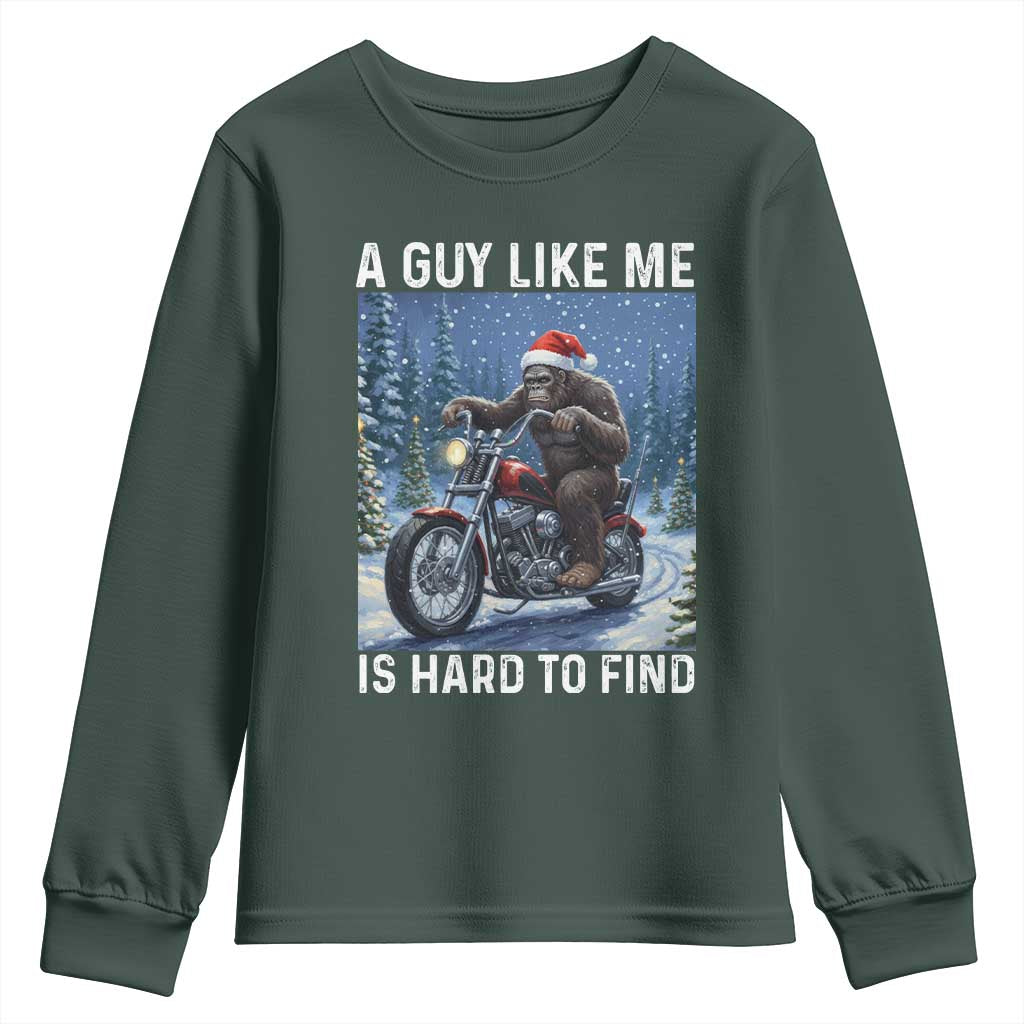 Funny Bigfoot Motorcycle Christmas Youth Sweatshirt A Guy Like Me Is Hard To Forest Find TS14 Dark Forest Green Print Your Wear
