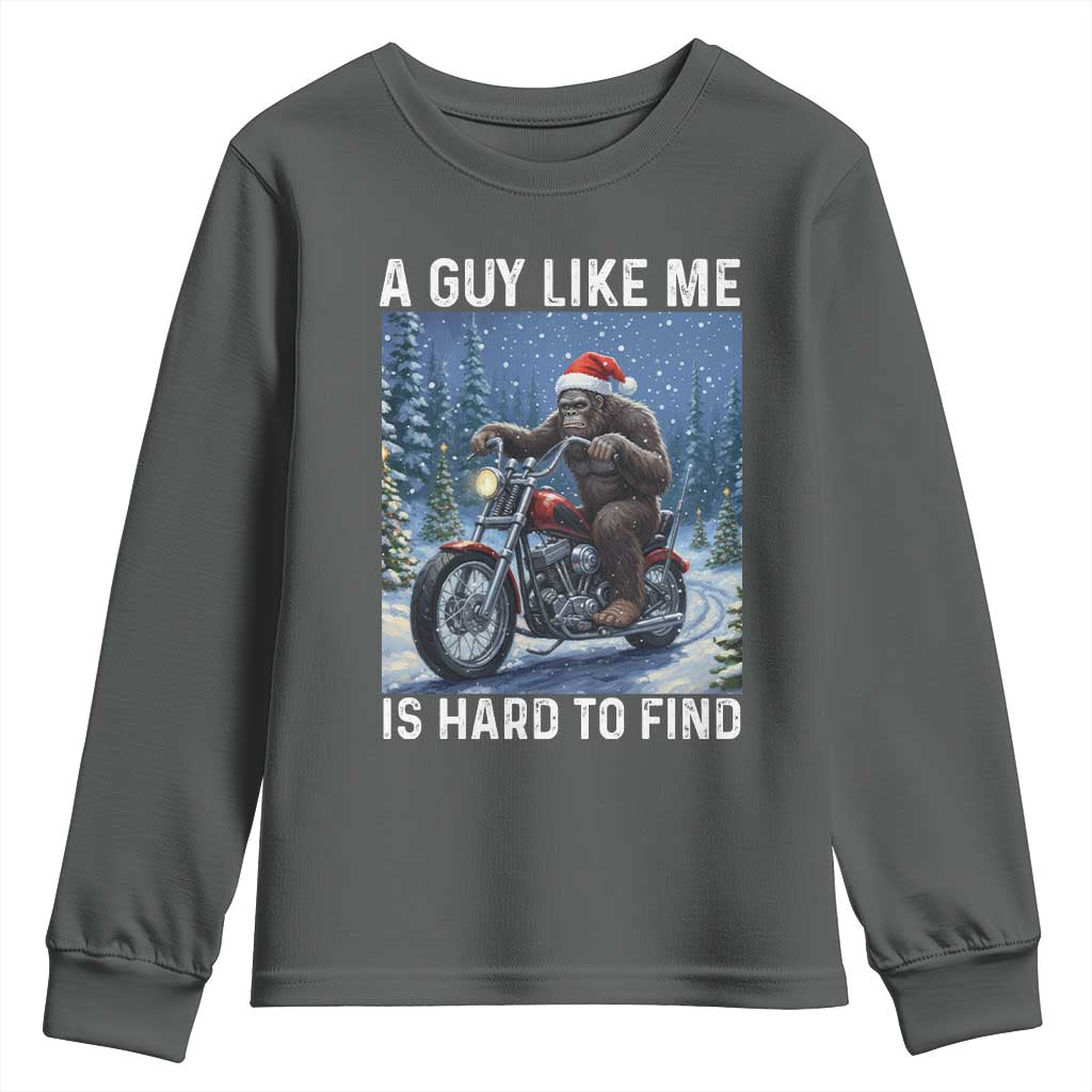 Funny Bigfoot Motorcycle Christmas Youth Sweatshirt A Guy Like Me Is Hard To Forest Find TS14 Dark Heather Print Your Wear