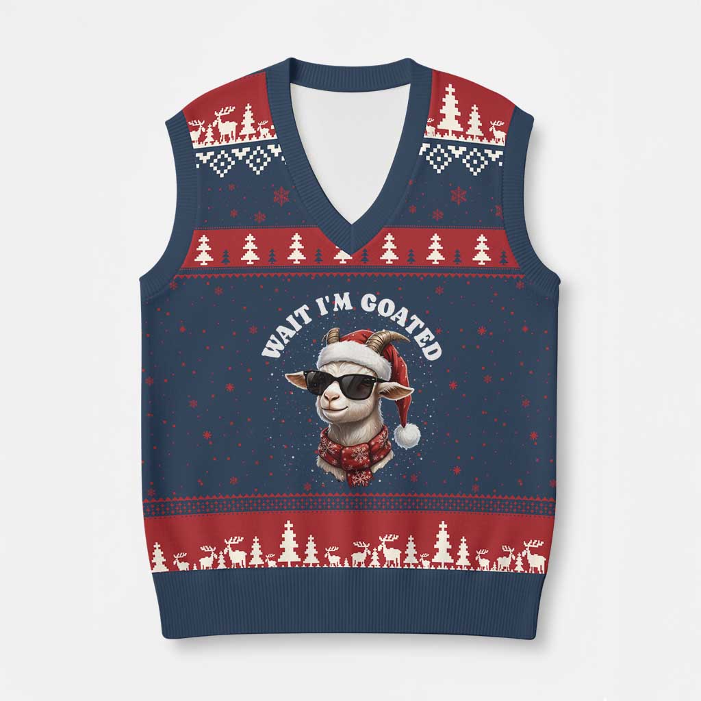 Funny Reindeer Xmas V-Neck Knit Sweater Vest Wait I Am Goated TS14 Navy Red Print Your Wear