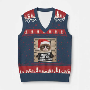 Funny Cat Mugshot Xmas V-Neck Knit Sweater Vest I Will Protect You Kitten No Matter What TS14 Navy Red Print Your Wear