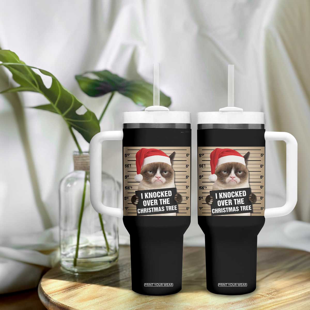Funny Cat Mugshot Christmas Tumbler With Handle I Will Protect You Kitten No Matter What TS14 Print Your Wear