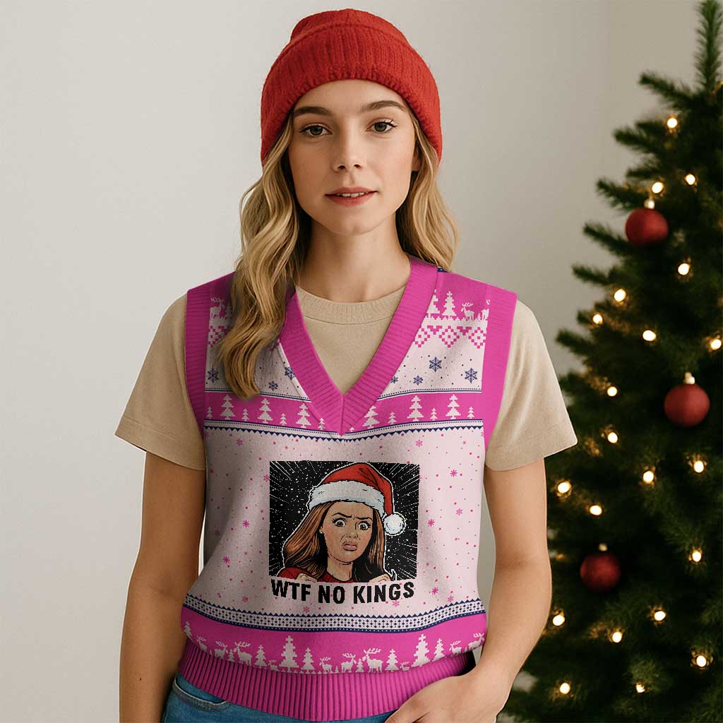 No Kings V-Neck Knit Sweater Vest Funny Disgusting Doll Face Meme Xmas TS14 Hot Pink Print Your Wear
