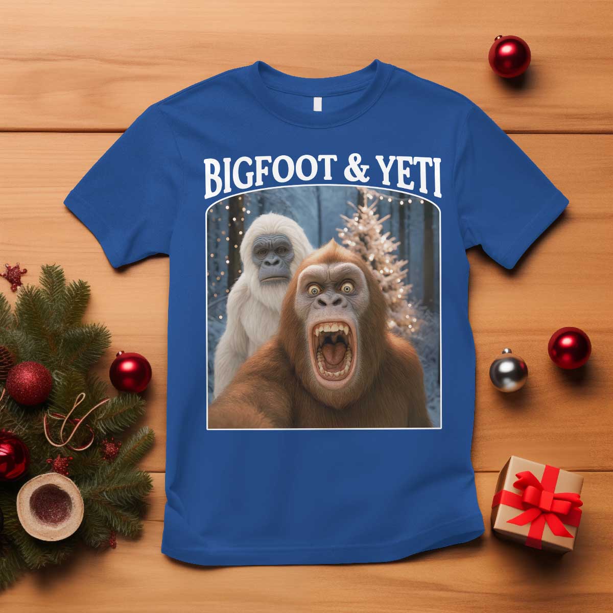 Funny Bigfoot Selfie T Shirt Sasquatch Yeti Christmas TS14 Royal Blue Print Your Wear