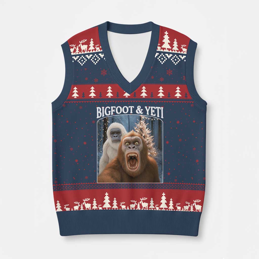 Funny Bigfoot Selfie V-Neck Knit Sweater Vest Sasquatch Yeti Xmas TS14 Navy Red Print Your Wear