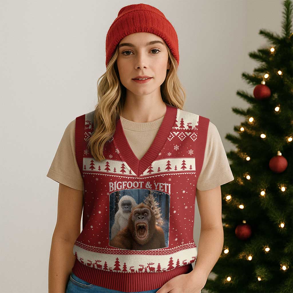 Funny Bigfoot Selfie V-Neck Knit Sweater Vest Sasquatch Yeti Xmas TS14 Red Beige Print Your Wear