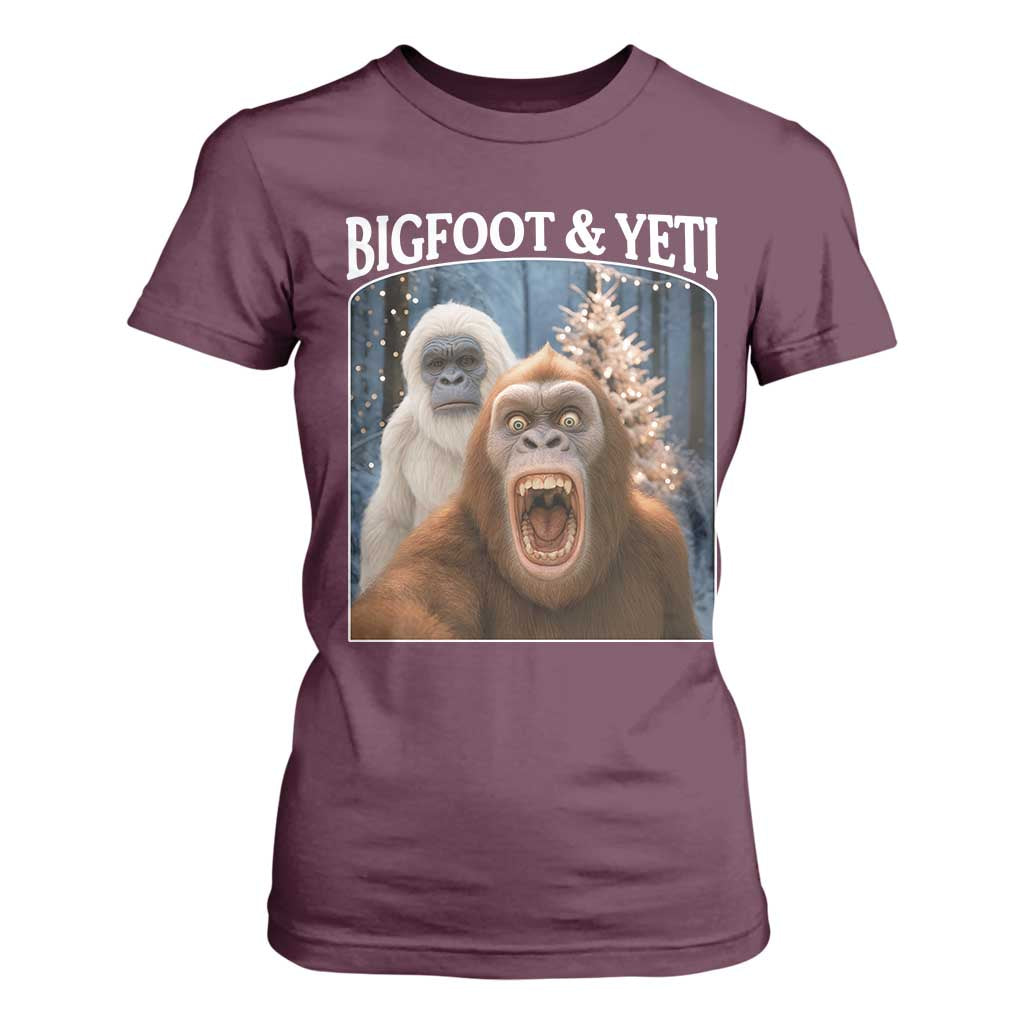 Funny Bigfoot Selfie T Shirt For Women Sasquatch Yeti Christmas TS14 Maroon Print Your Wear