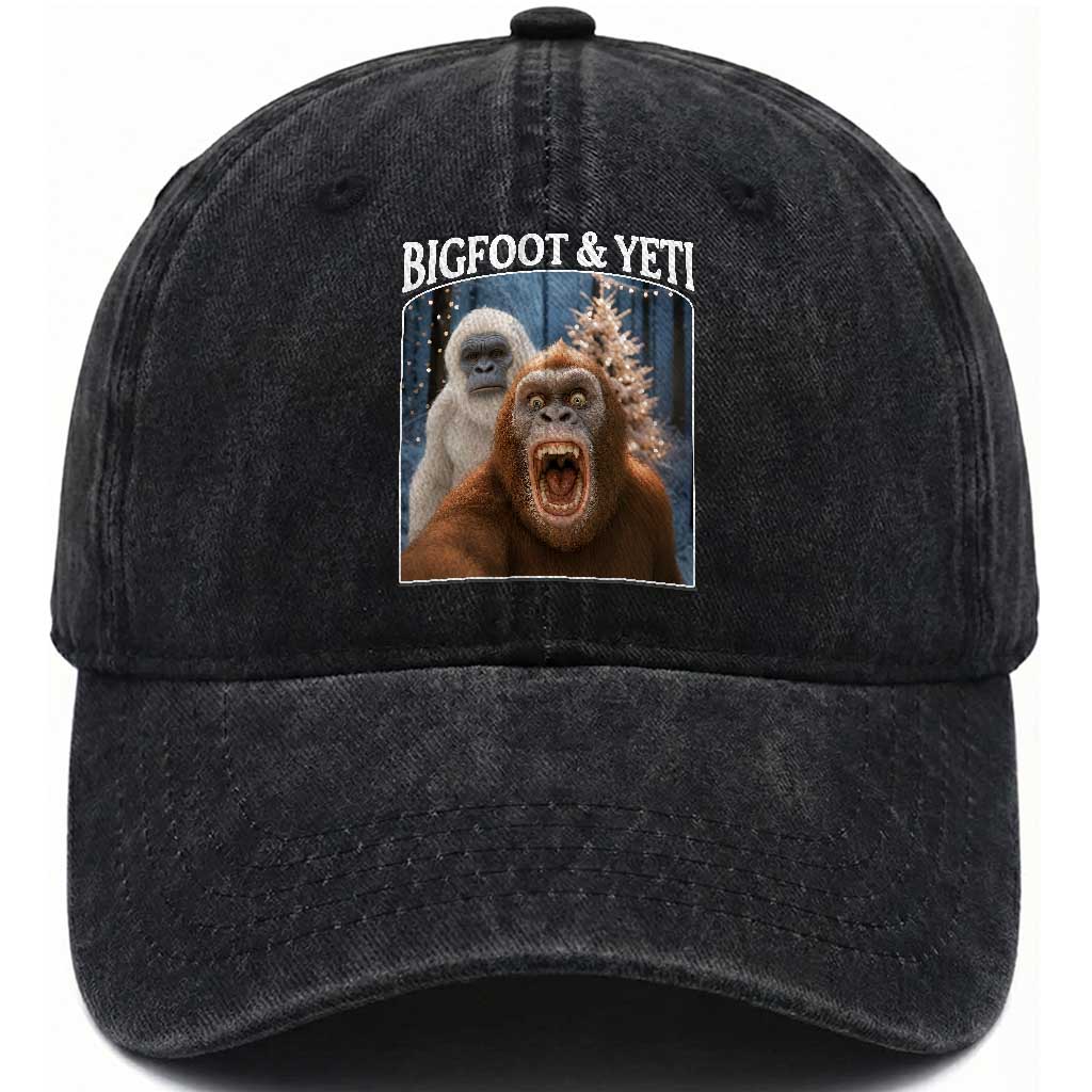 Funny Bigfoot Selfie Washed Cotton Baseball Cap Sasquatch Yeti Christmas TS14 Washed Cap Universal Fit Black Print Your Wear