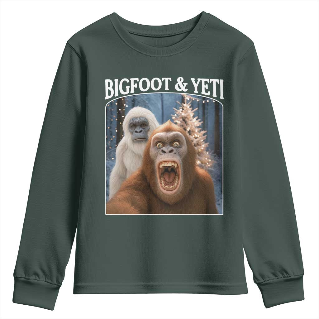 Funny Bigfoot Selfie Youth Sweatshirt Sasquatch Yeti Christmas TS14 Dark Forest Green Print Your Wear