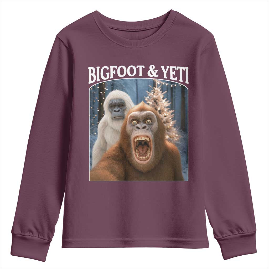 Funny Bigfoot Selfie Youth Sweatshirt Sasquatch Yeti Christmas TS14 Maroon Print Your Wear