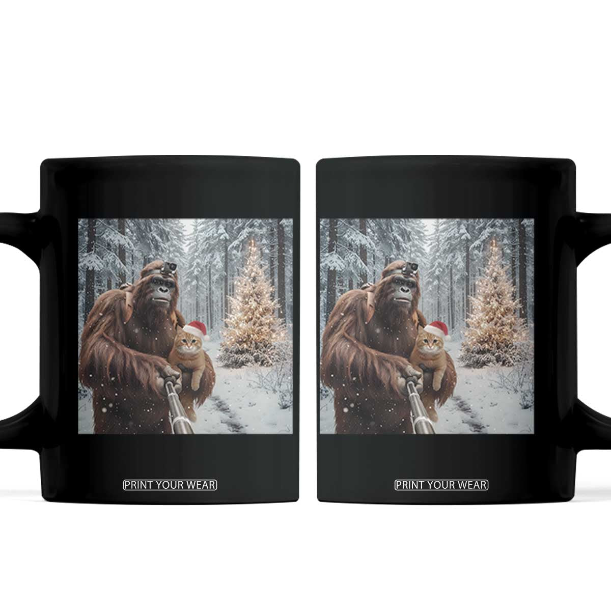 Funny Bigfoot With Cat Selfie Christmas Coffee Mug TS14 Black Print Your Wear
