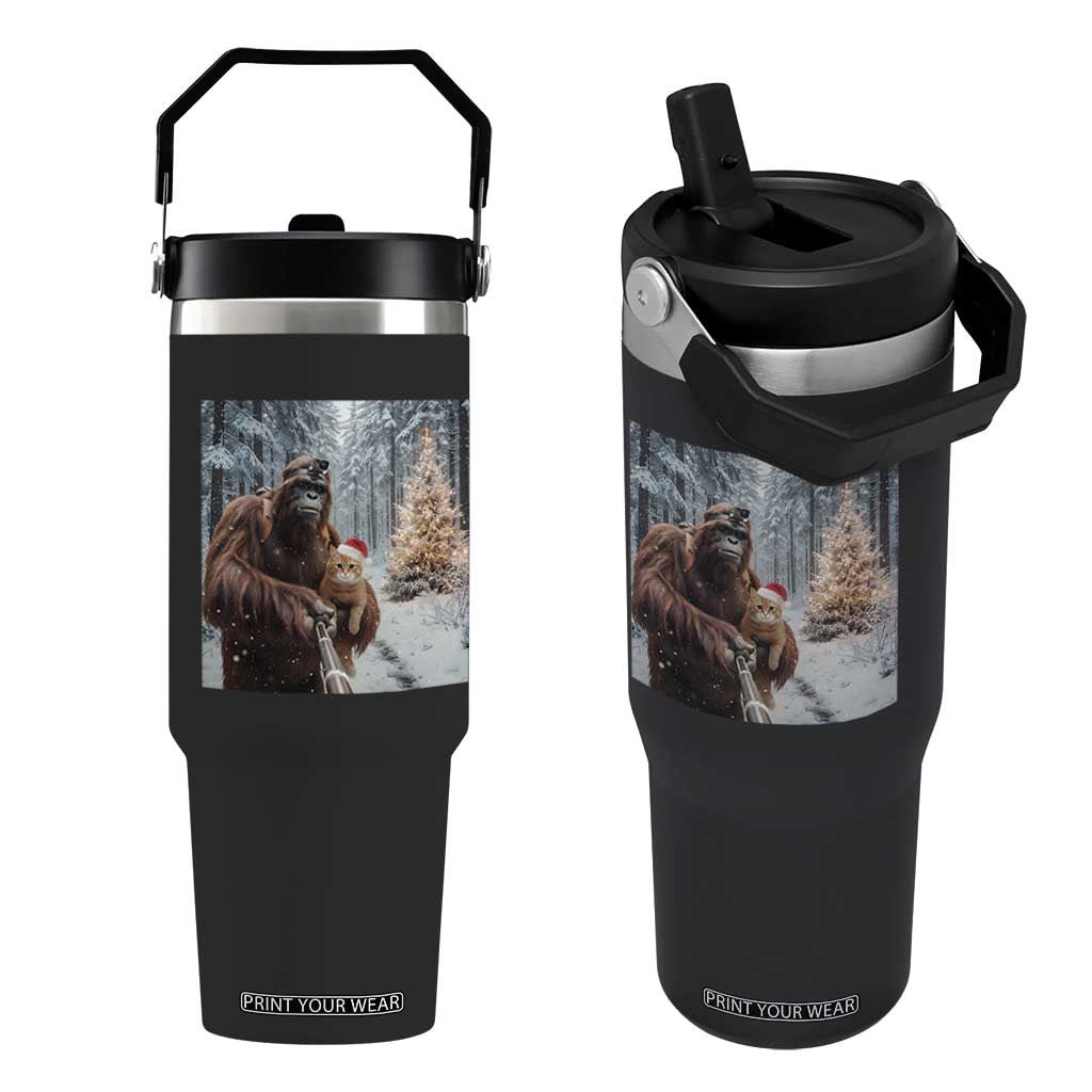 Funny Bigfoot With Cat Selfie Christmas Flip Straw Tumbler TS14 One Size: 30 oz Black Print Your Wear