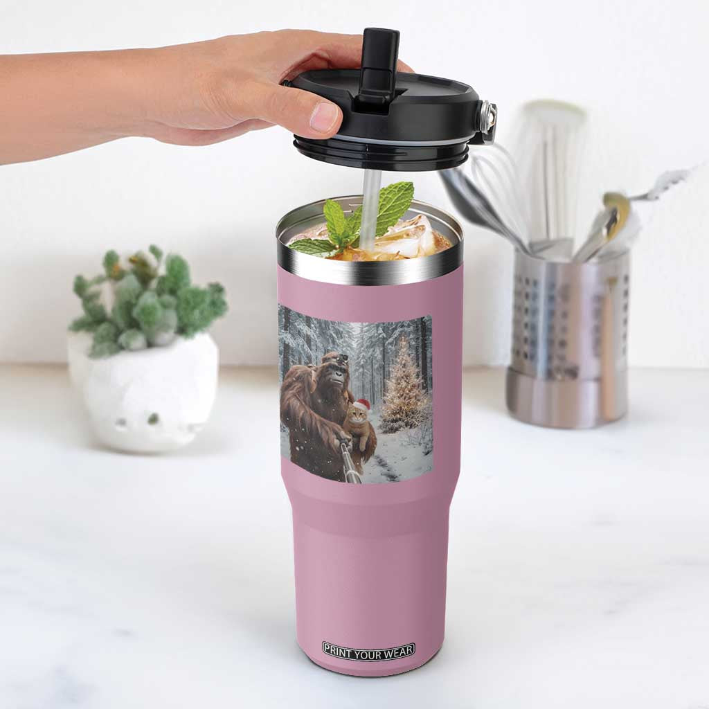 Funny Bigfoot With Cat Selfie Christmas Flip Straw Tumbler TS14 One Size: 30 oz Light Pink Print Your Wear