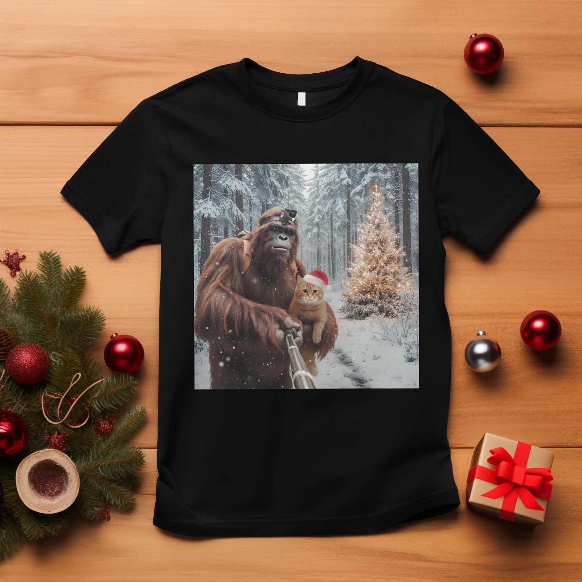 Funny Bigfoot With Cat Selfie Christmas T Shirt TS14 Black Print Your Wear
