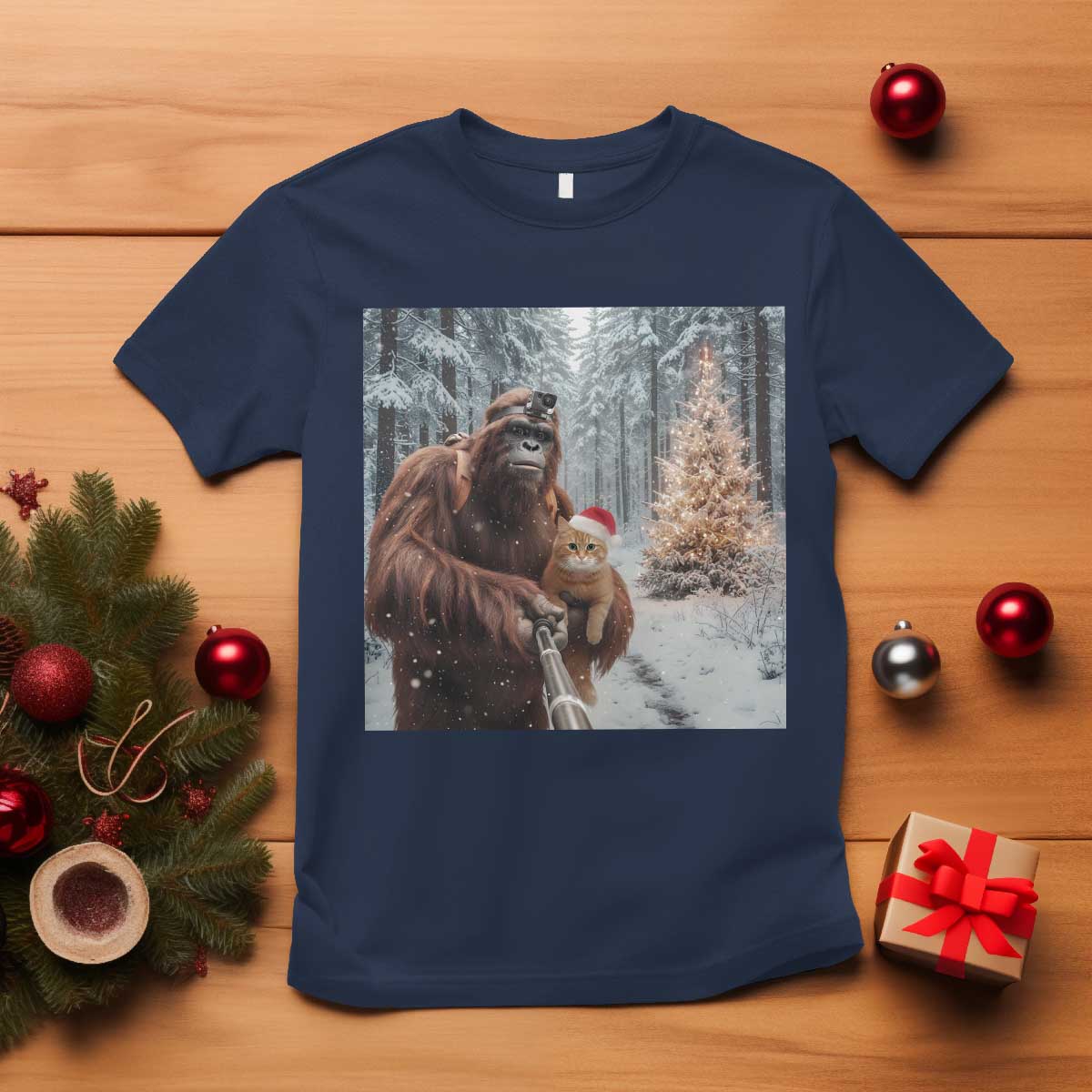 Funny Bigfoot With Cat Selfie Christmas T Shirt TS14 Navy Print Your Wear