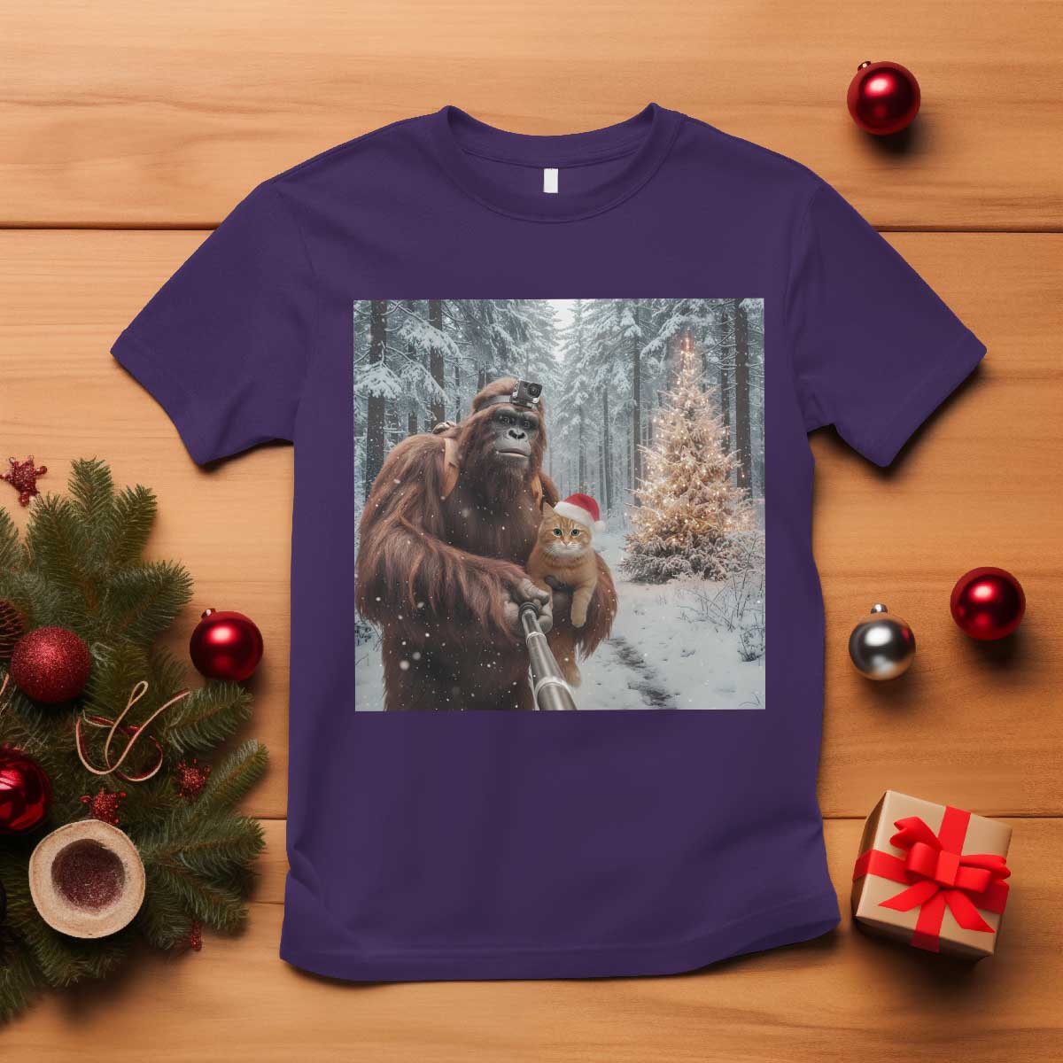 Funny Bigfoot With Cat Selfie Christmas T Shirt TS14 Purple Print Your Wear