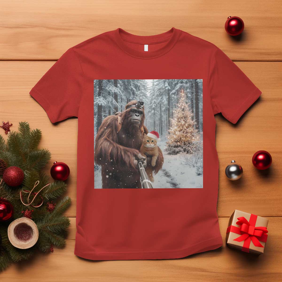 Funny Bigfoot With Cat Selfie Christmas T Shirt TS14 Red Print Your Wear