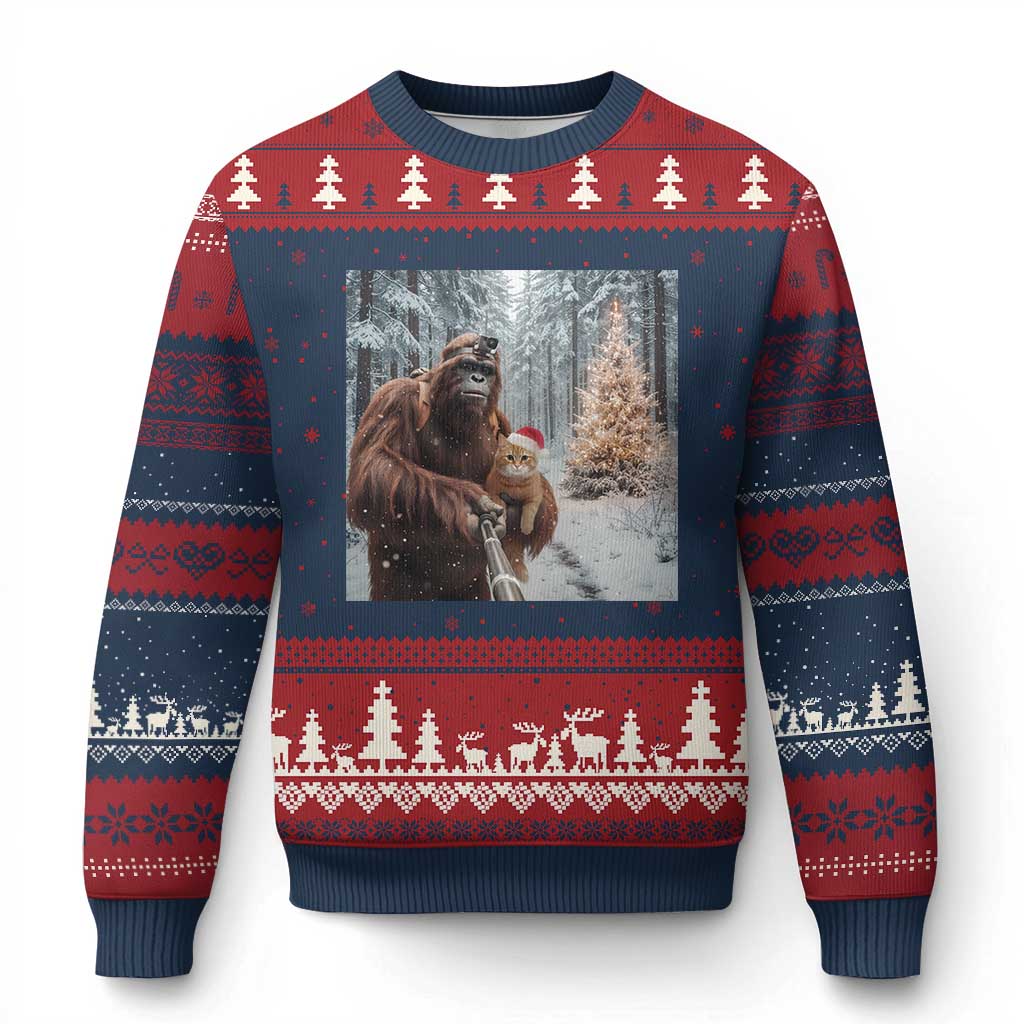 Funny Bigfoot With Cat Selfie Xmas Ugly Christmas Sweater TS14 Navy Red Print Your Wear