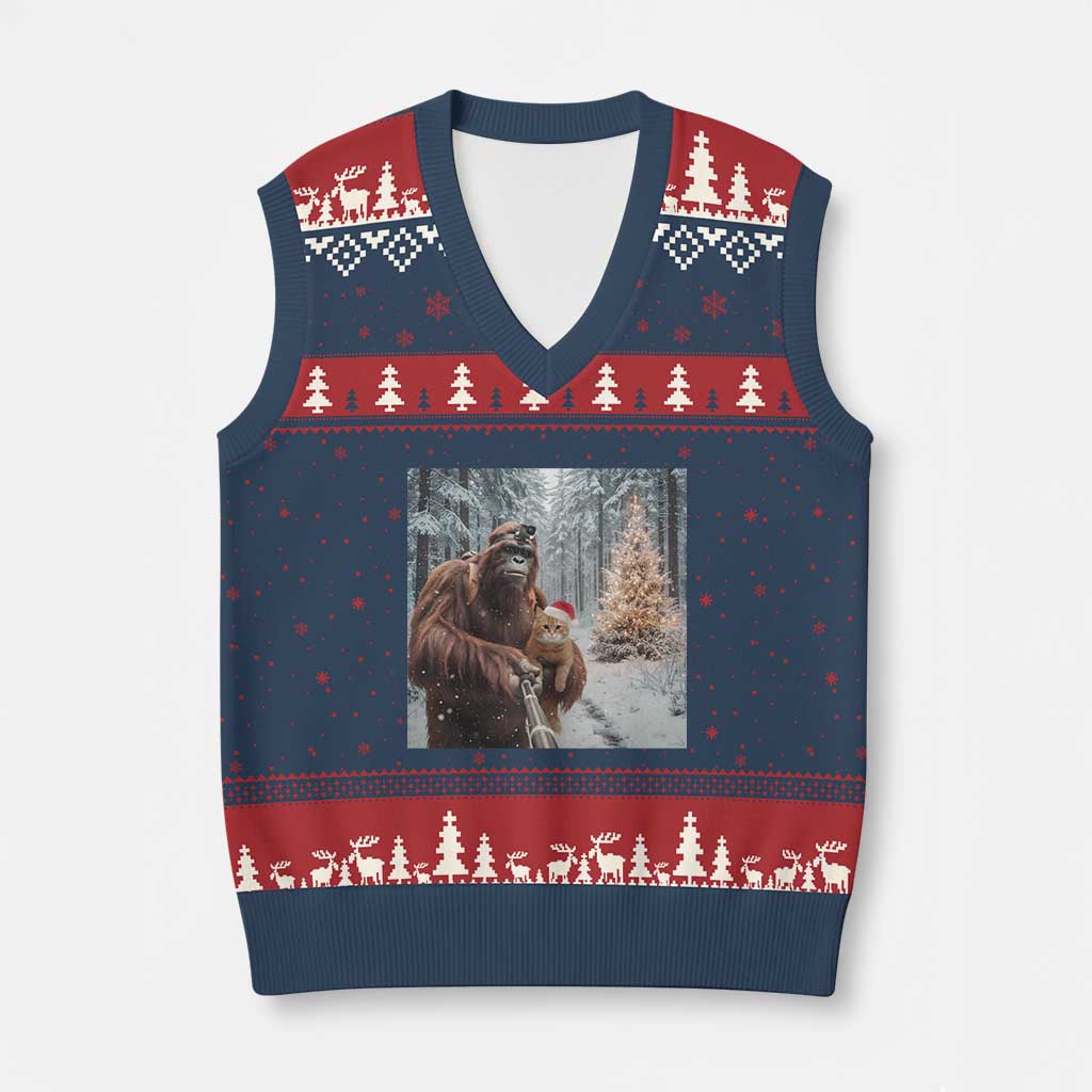 Funny Bigfoot With Cat Selfie Xmas V-Neck Knit Sweater Vest TS14 Navy Red Print Your Wear
