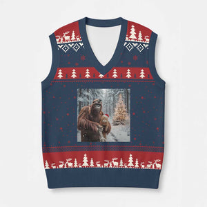 Funny Bigfoot With Cat Selfie Xmas V-Neck Knit Sweater Vest TS14 Navy Red Print Your Wear